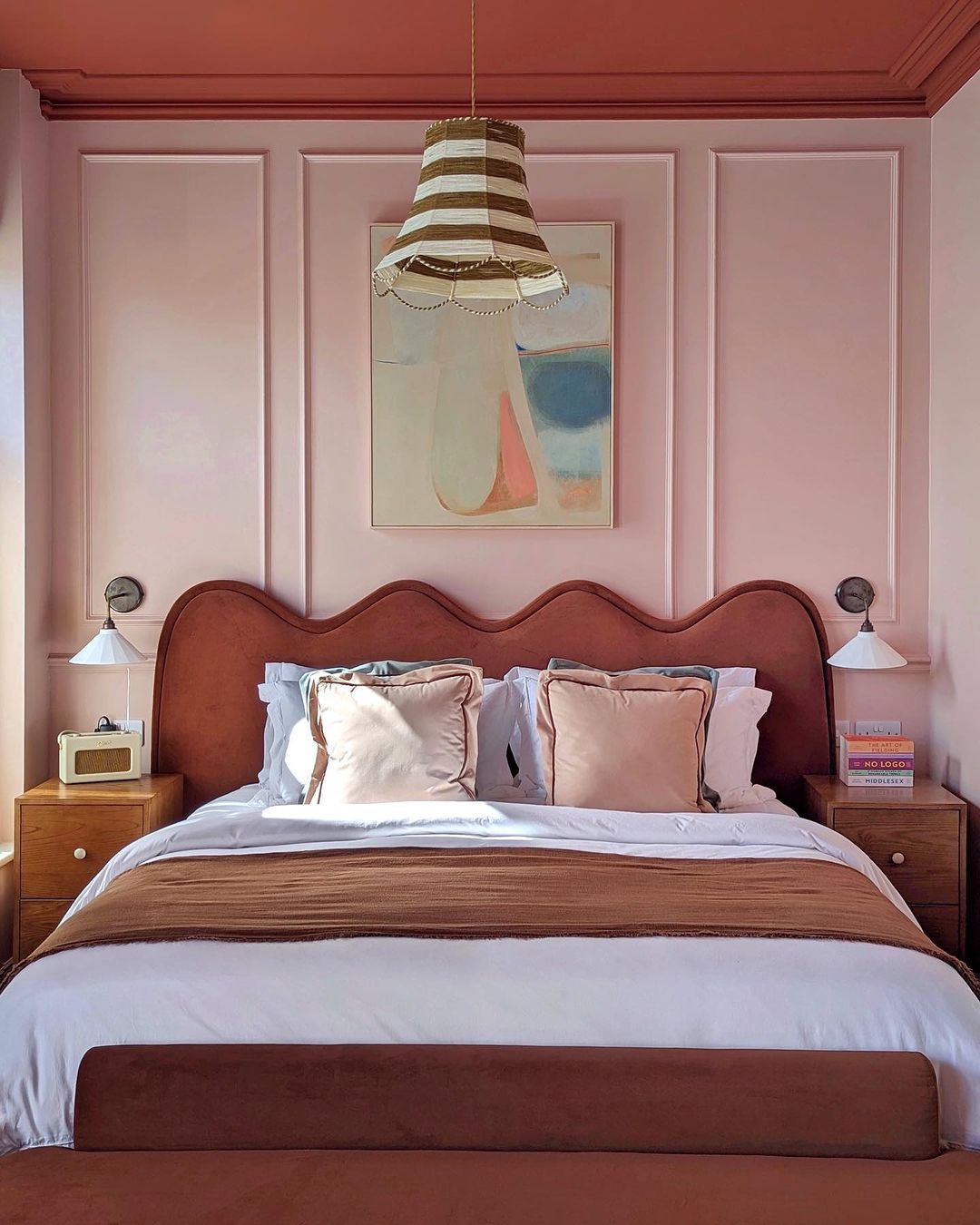 Greenhouse interiors - wavy curved headboard in pink and terracotta bedroom