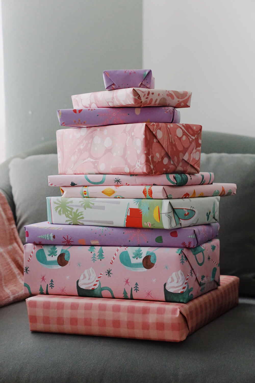 pink christmas wrapping paper and lilac gift wrap