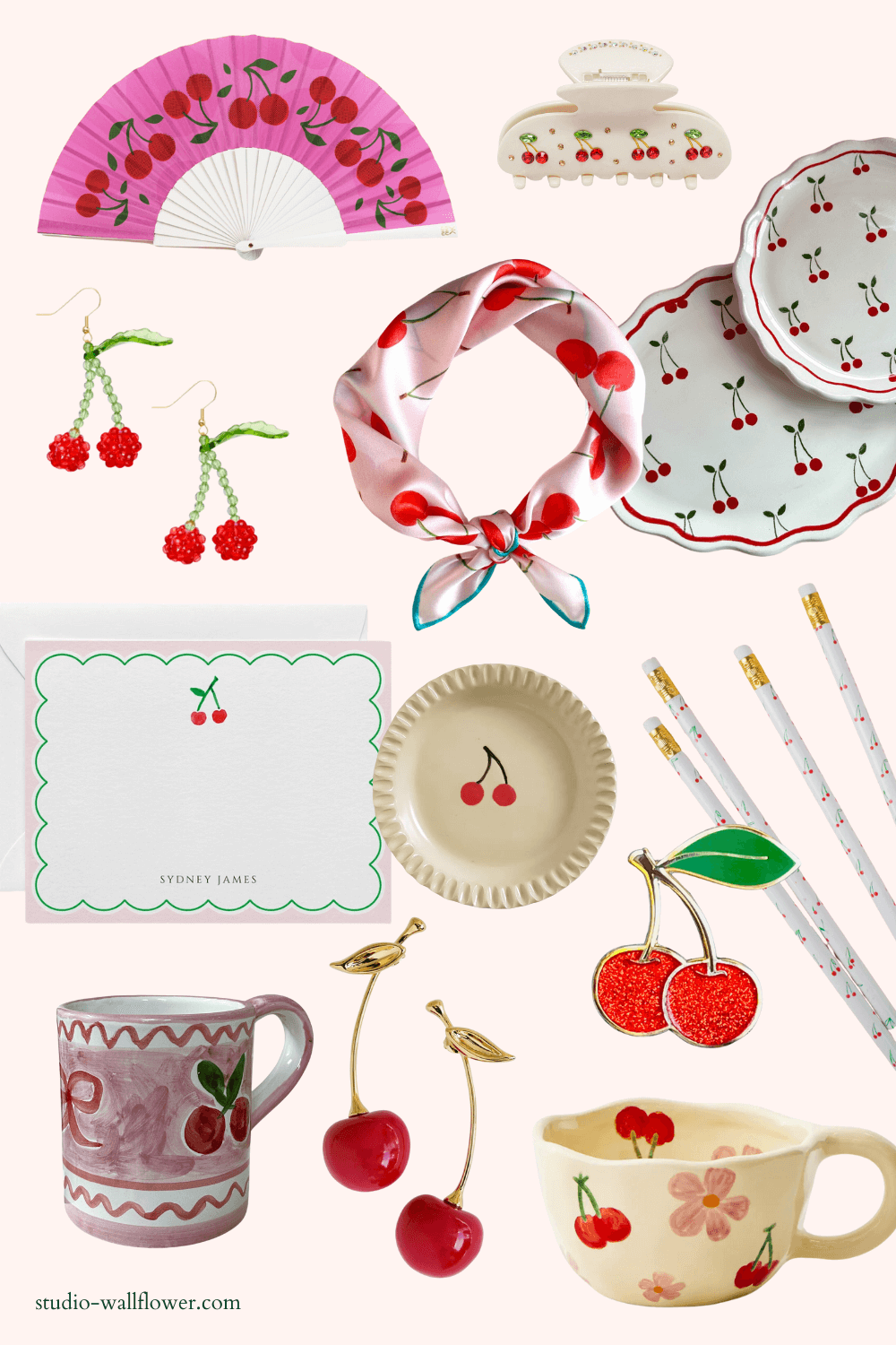 collage of trending cherry products like earrings and ceramics