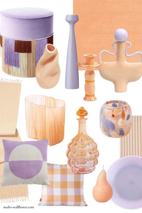 decor inspiration for pantone color of the year peach fuzz and lavender