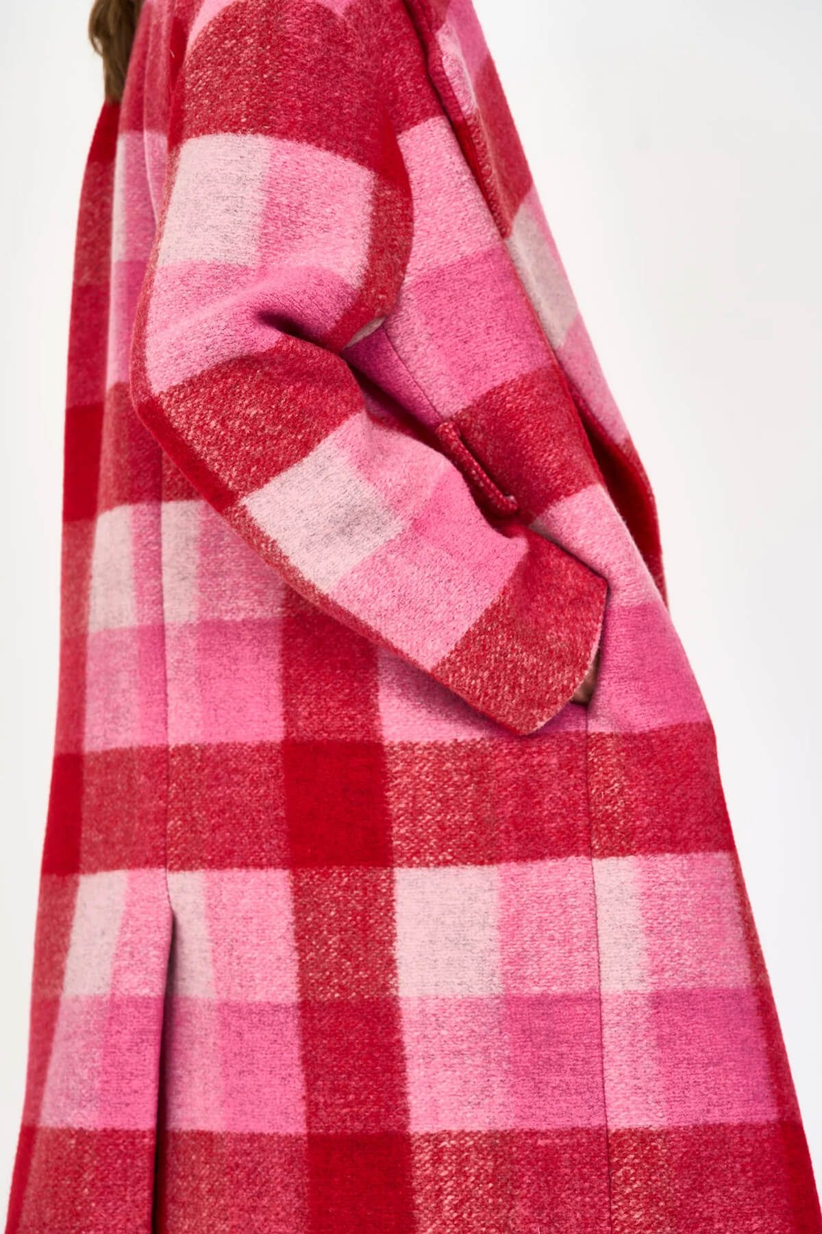 christy lynn pink and red tartan coat