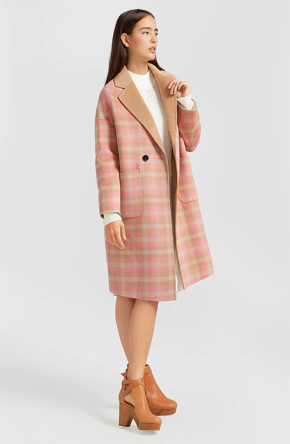 pink and tan plaid coat by belle and bloom