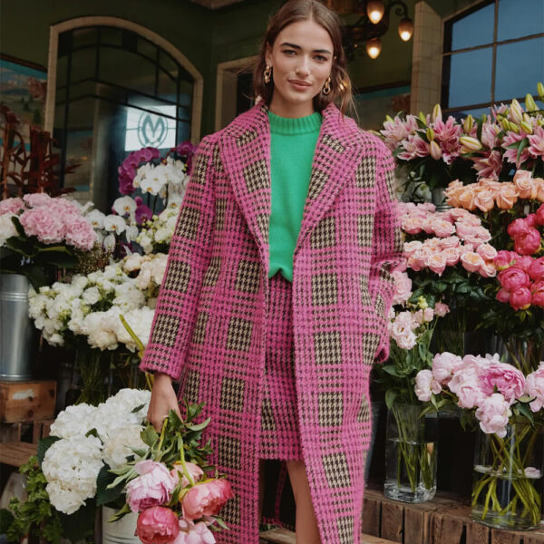 boden boucle check pink coat