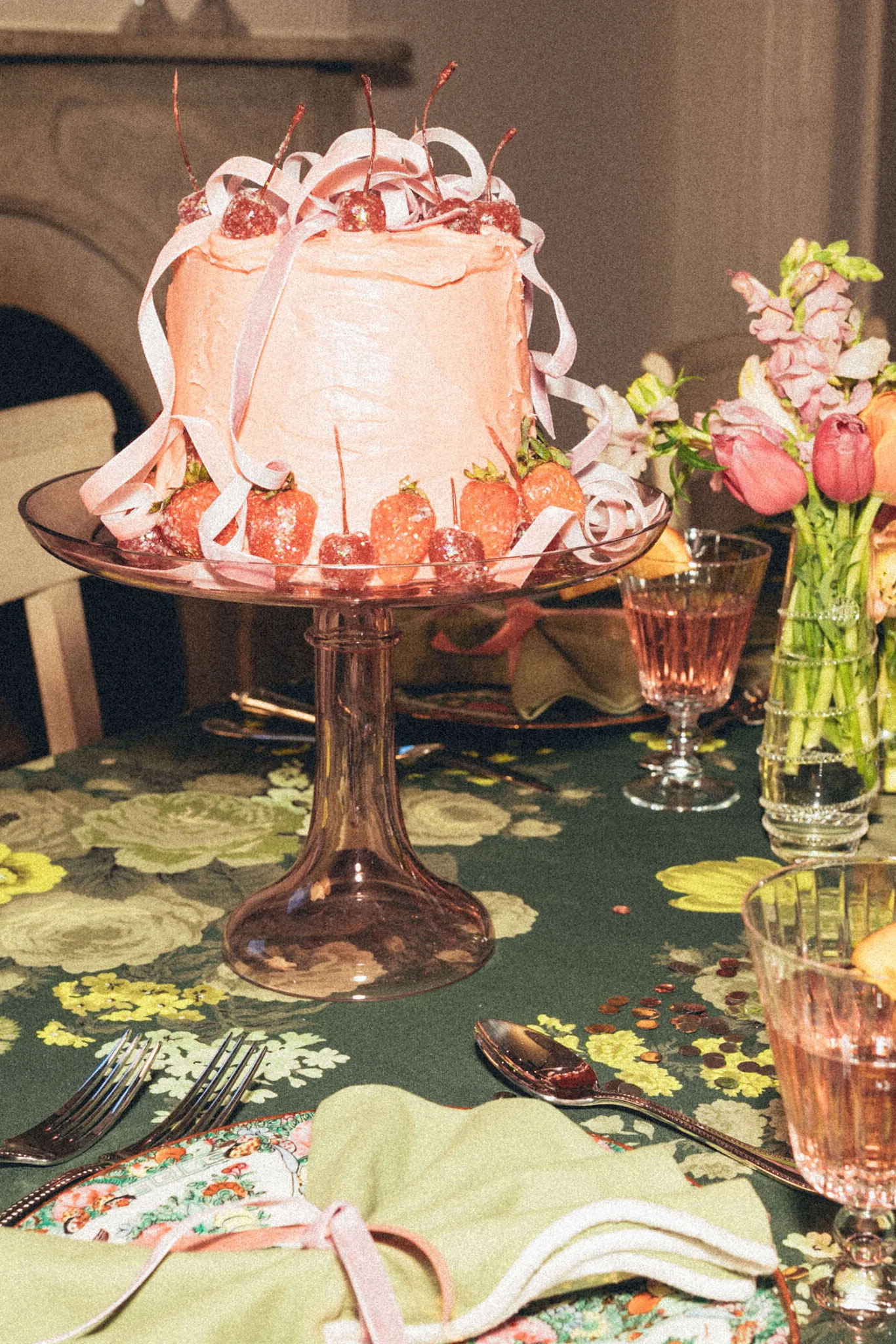 Estelle Colored Glass Cake Stands in Rose and Mint Green |