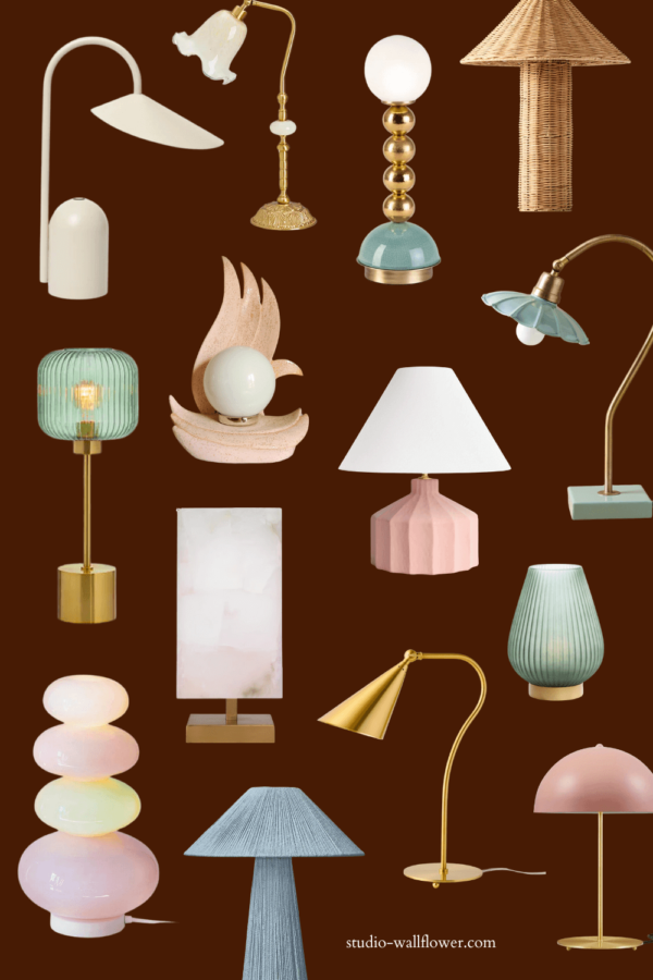 unique table lamps - collage featuring cute pink lamps in mint, gold, pink