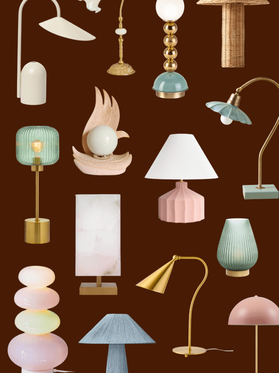 unique table lamps - collage featuring cute pink lamps in mint, gold, pink