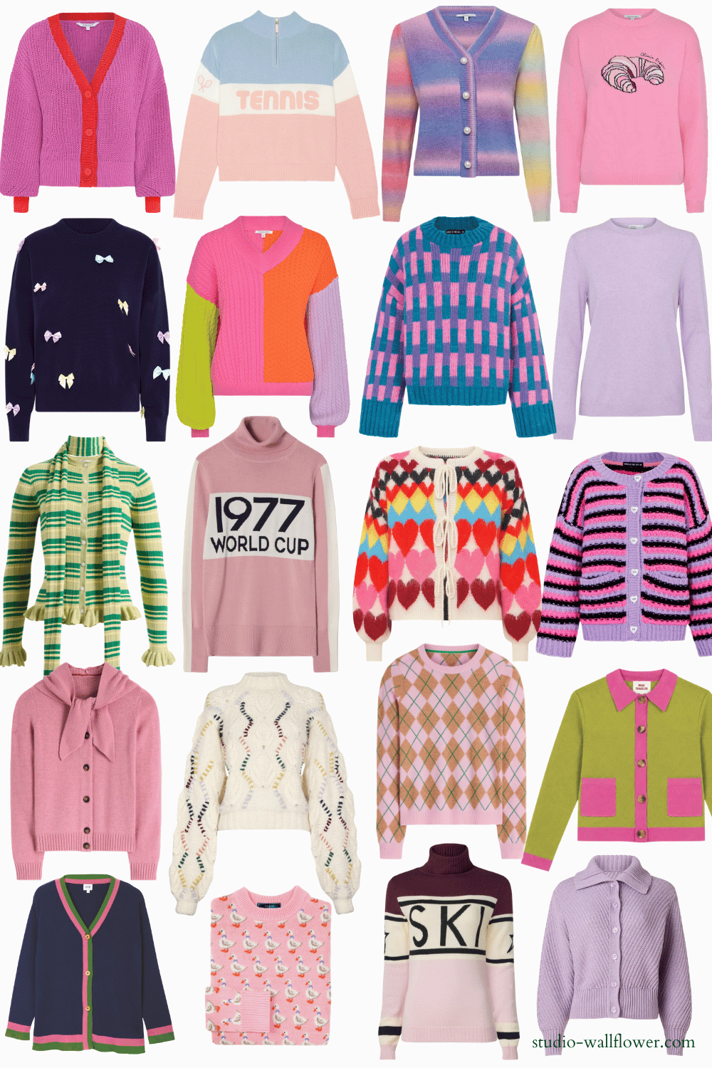 Collage featuring 20 colorful sweaters for women