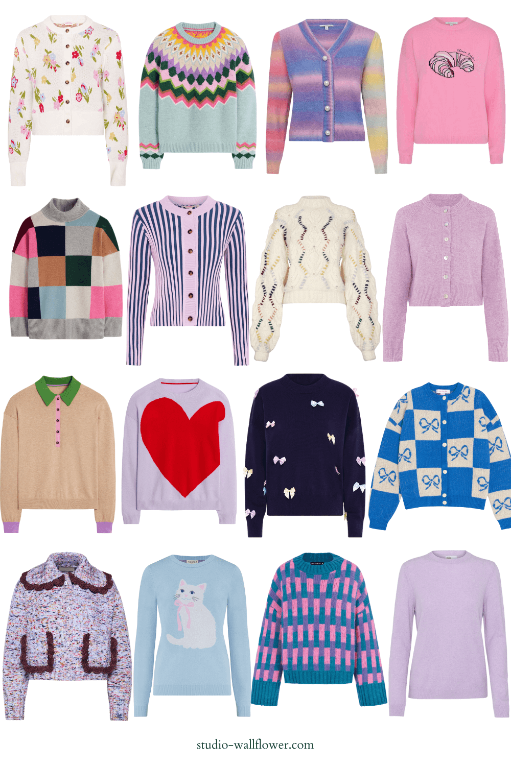 collage of pastel colorful statement sweaters