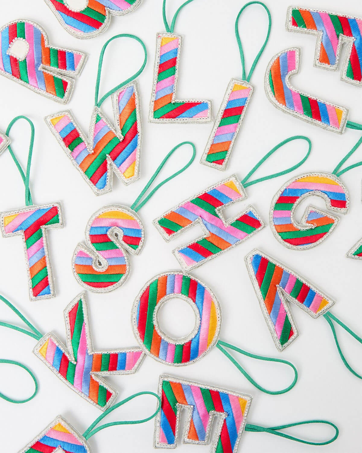 embroidered rainbow monogram ornaments