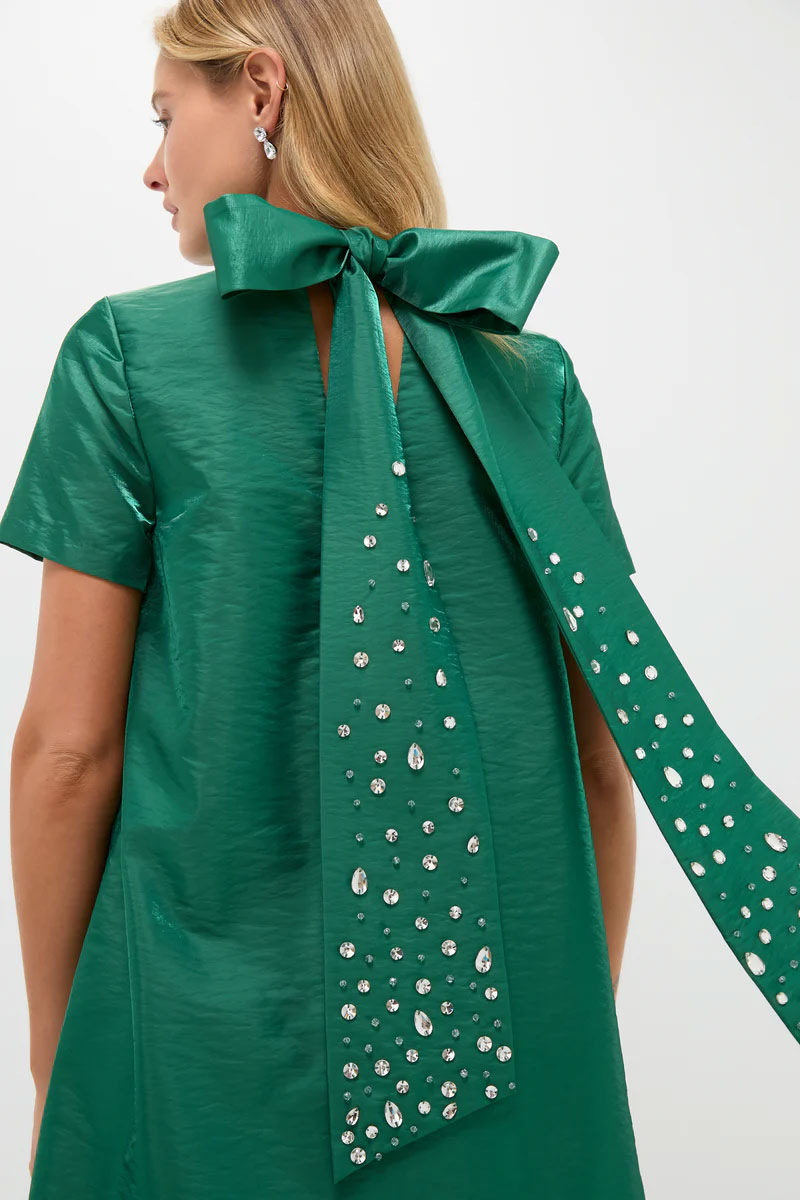 Tuckernuck green holiday dress with bow and rhinestones