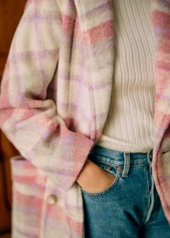 Sezane Viktor coat in plaid pink and lavender