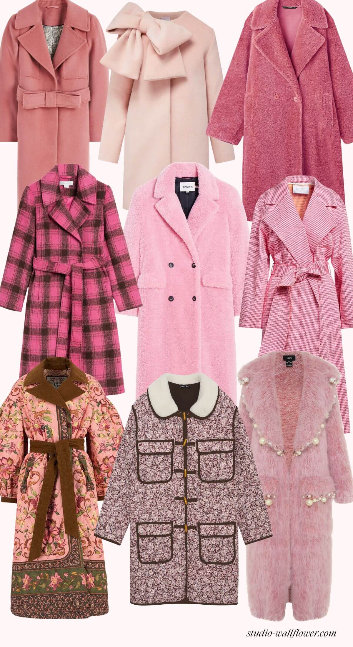collage featuring 2026 pink coats for winter
