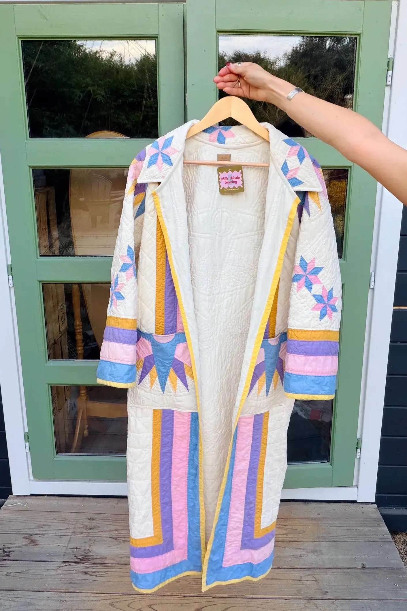 Long colorful quilt coat patchwork jacket by Milk Thistle Sewing