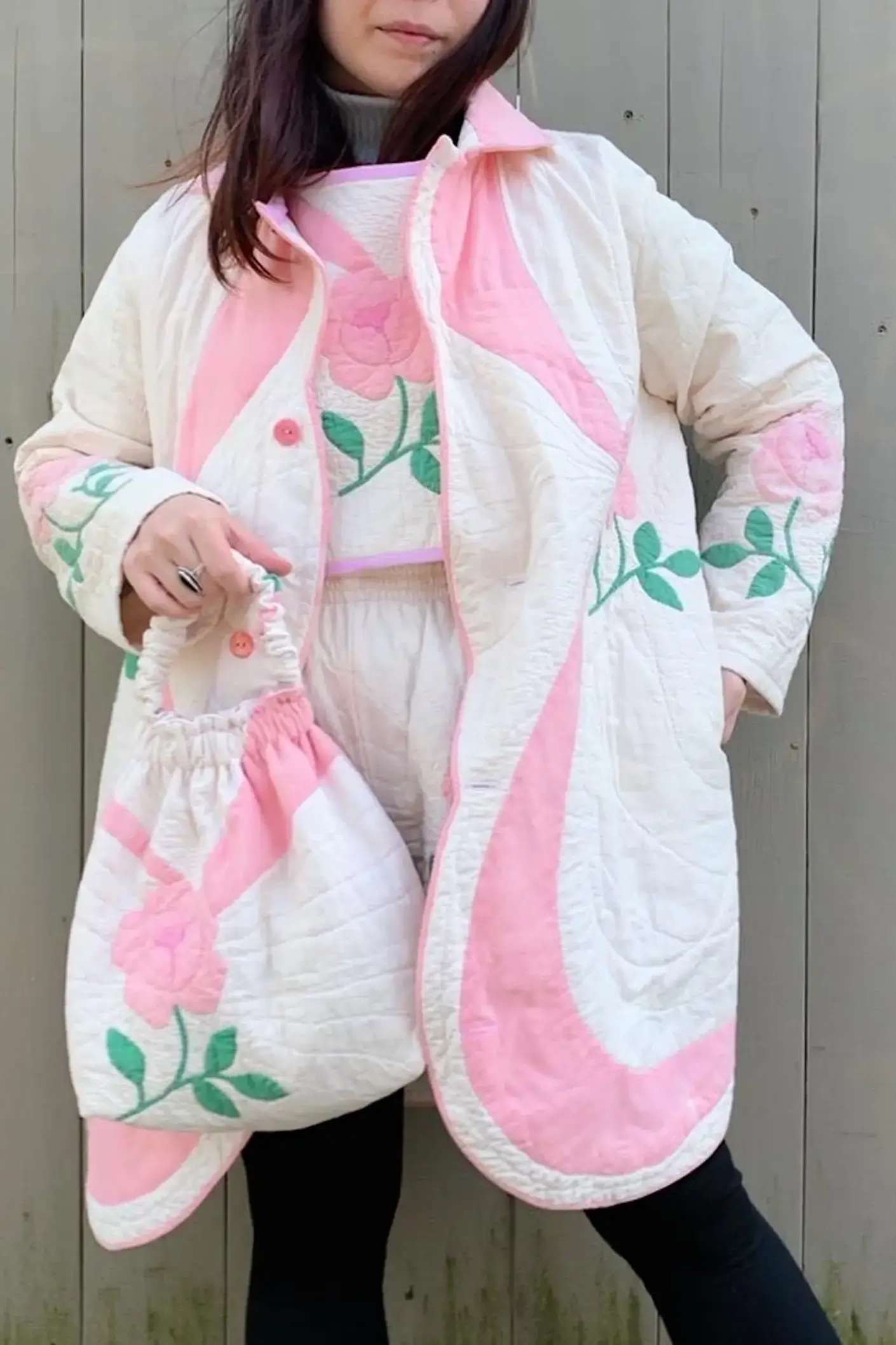 Pink Clothing Handmade Vintage Quilt Chore Coat — Collared Tulips Floral Pink Roses Antique Long Duster Quilted Heirloom Scalloped Quilted Jacket by ShopShyTiger