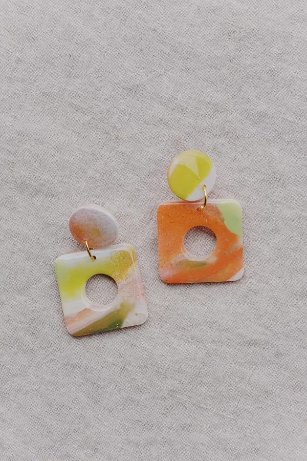 orange and green handmade marbled clay earrings