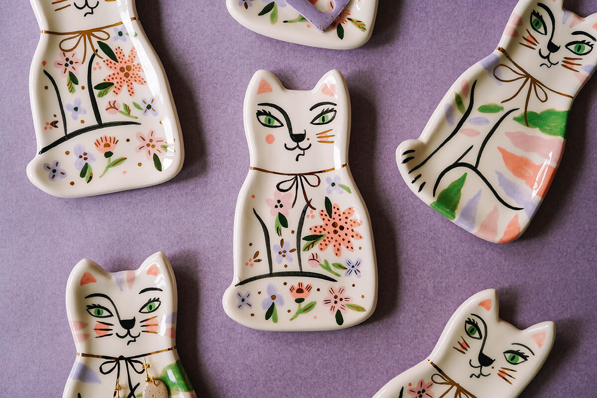 wallflower floral cat ceramic ring dishes