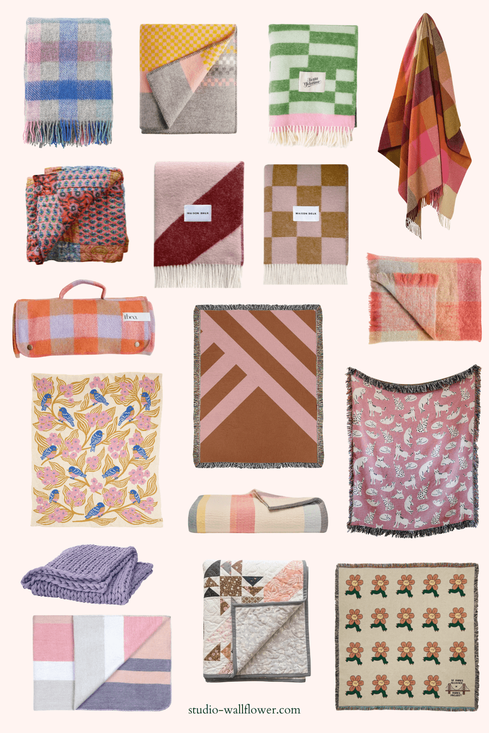 Collage featuring pretty and colorful fall throw blankets - wool, cotton, woven printed and more.