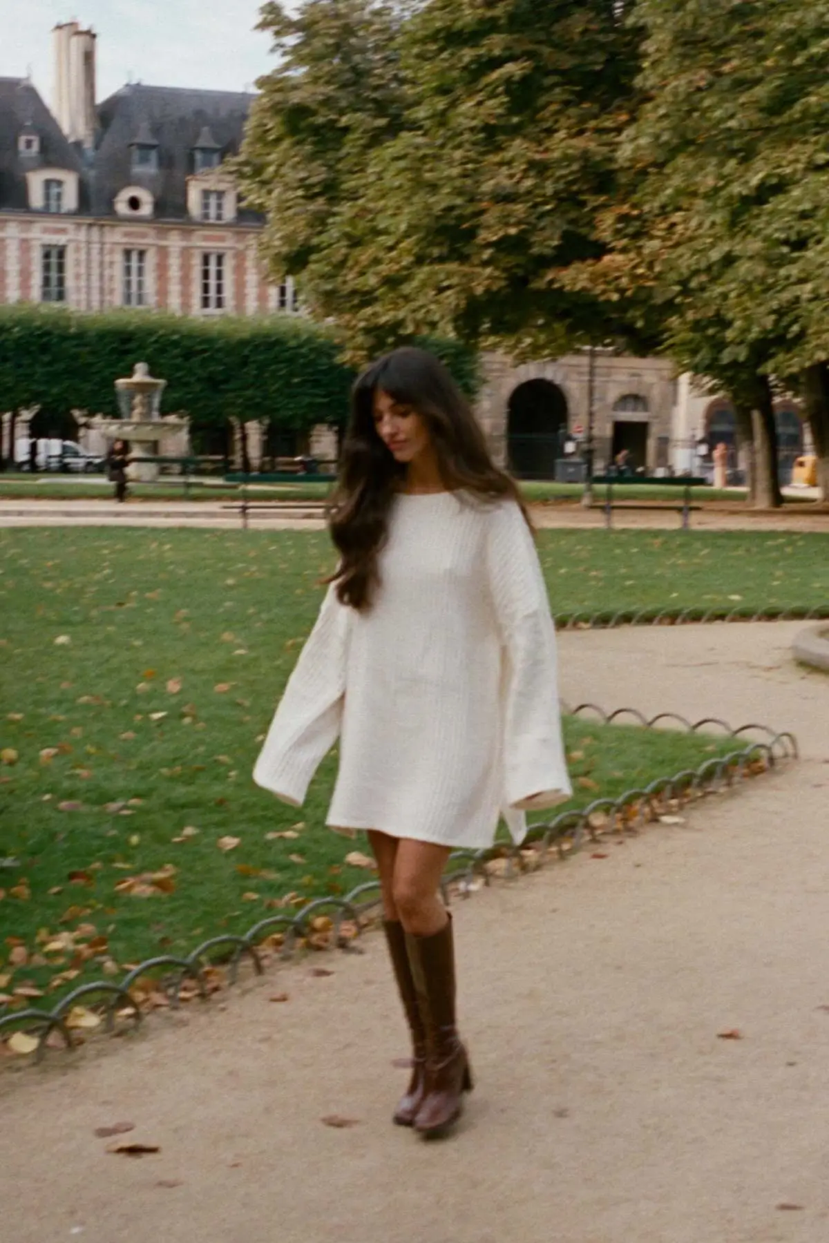 cream sweater dress with long sleeves