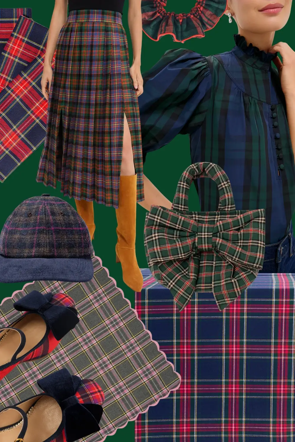 Tartan plaid collage of fashion and linens decor