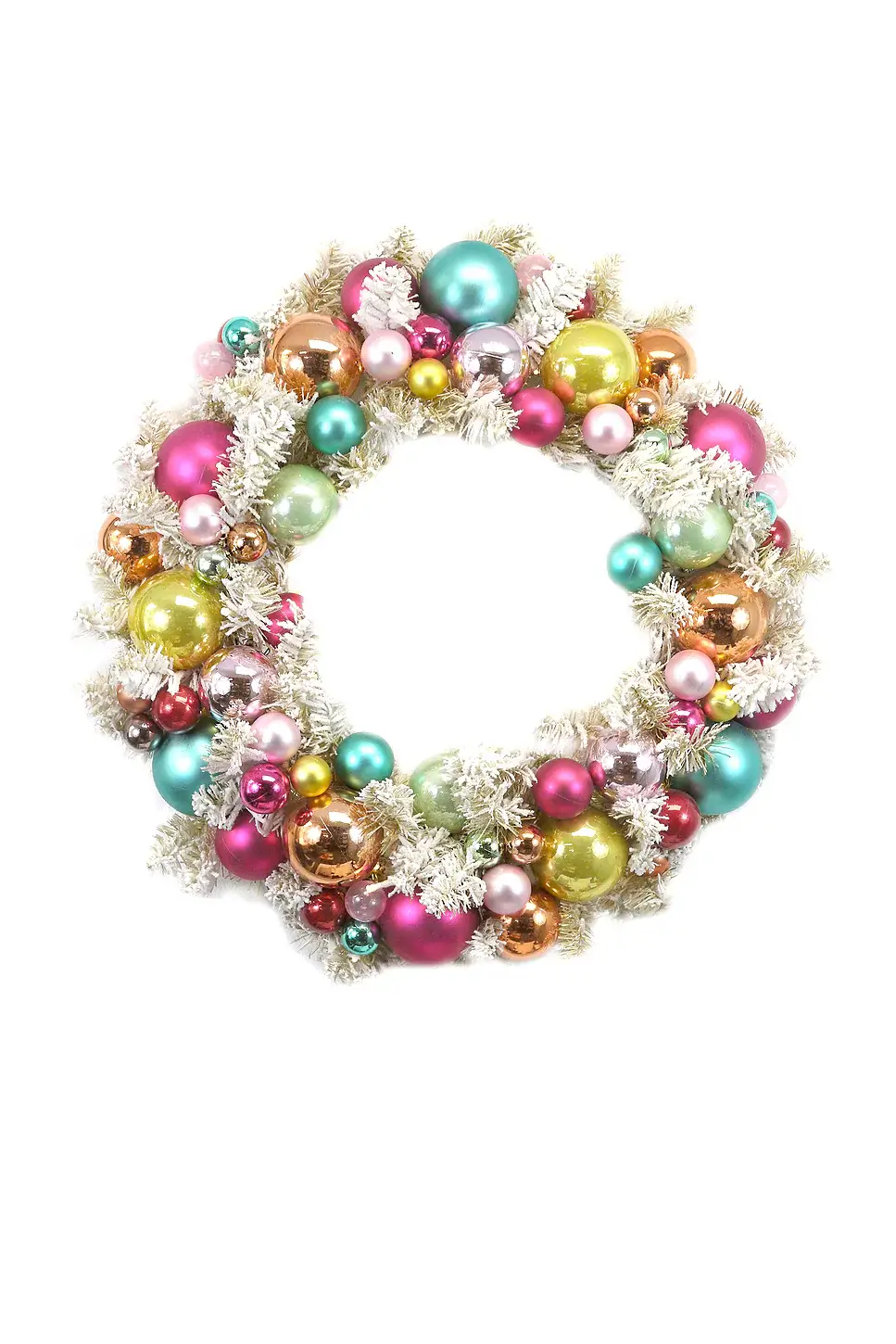 cody & foster flocked wreath with pastel ornaments