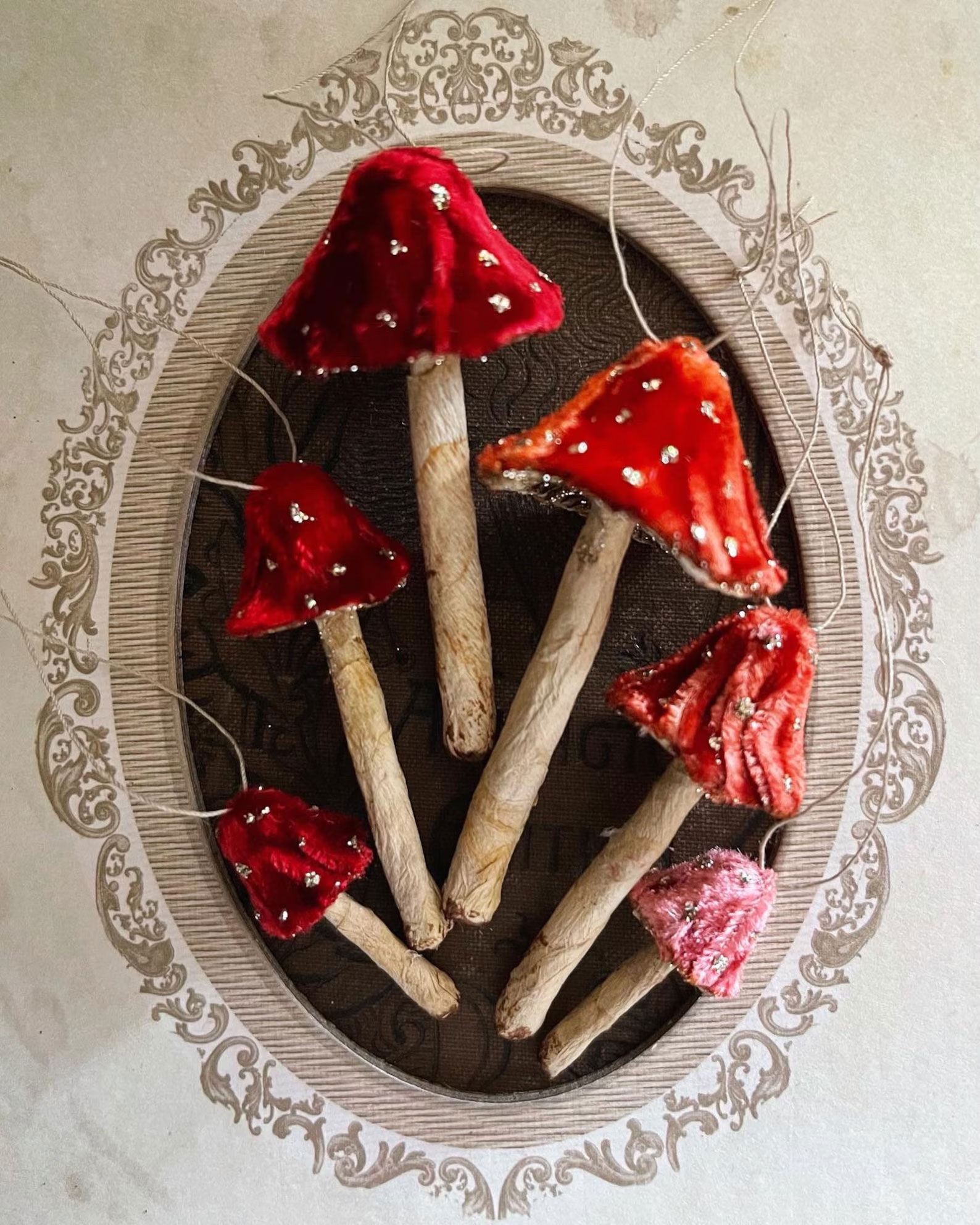 Vintage Handmade by Julie Collings - Silk velvet mushroom ornaments
