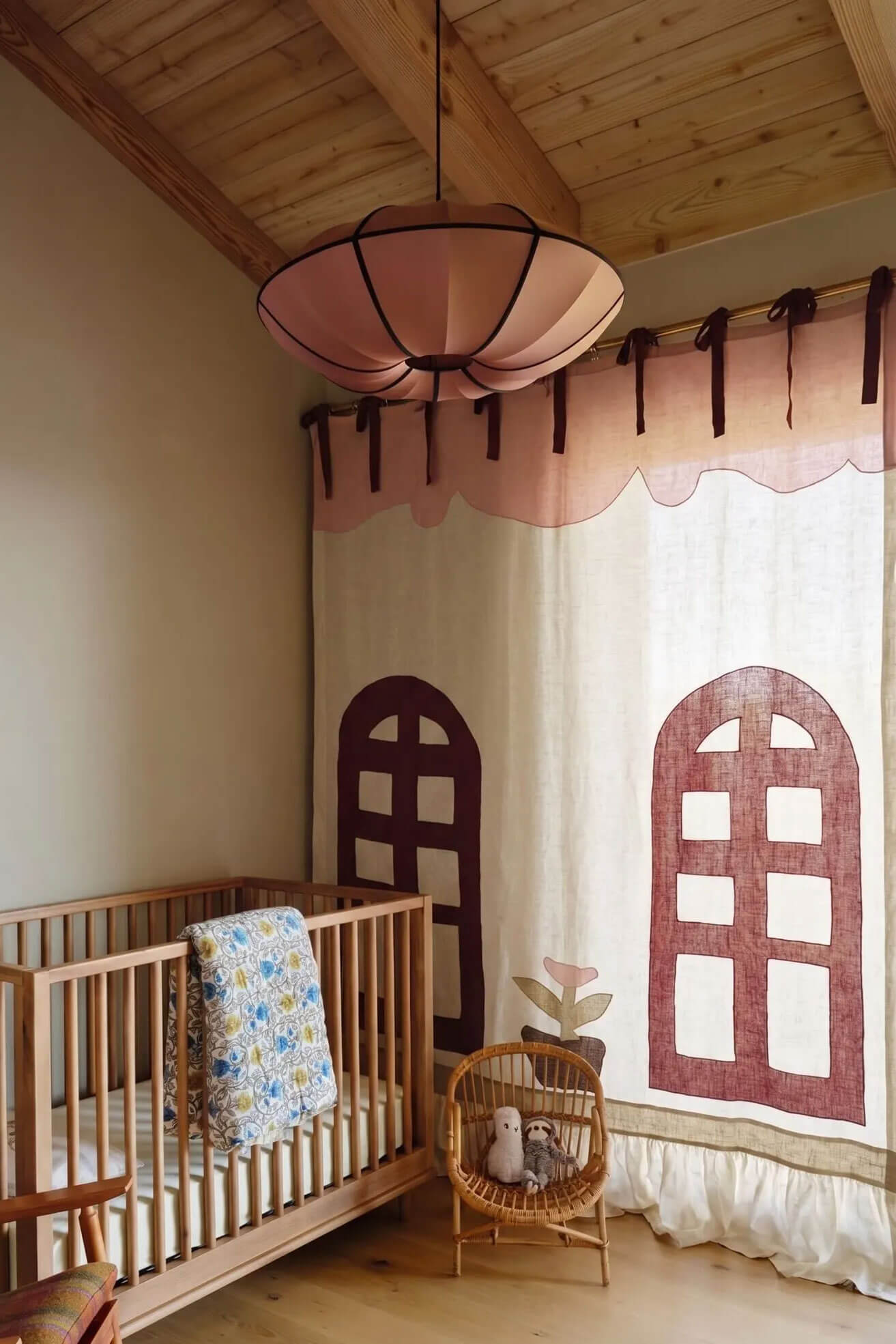 Kids Room Curtain with Ruffle: Custom Patchwork Linen Drapery for Nursery, Playroom Door Curtain GureAteliers