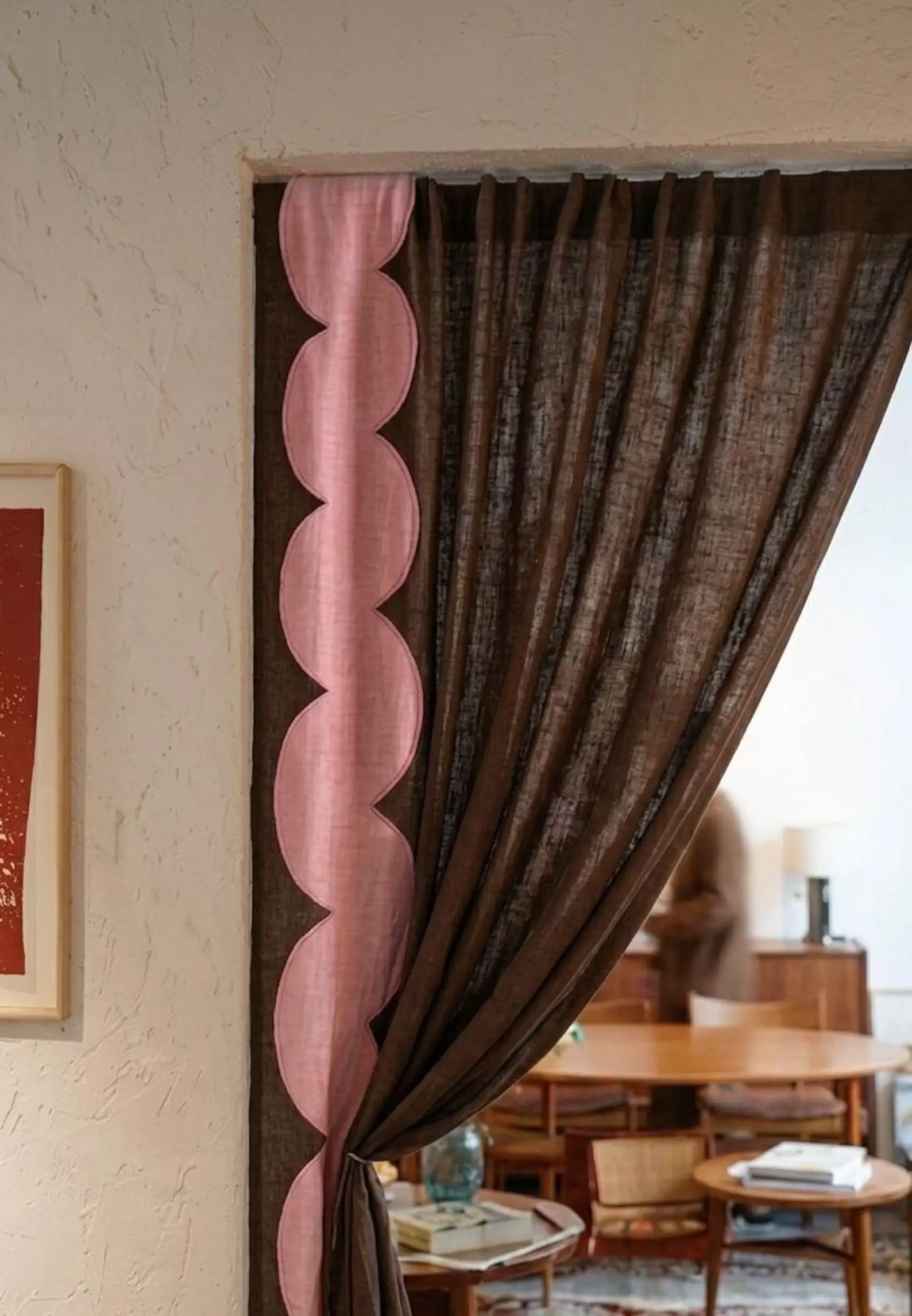 Scalloped Linen Curtain | Brown Pink Wavy Edge Room Divider, Boho Decor HouseOfMakiDesigns