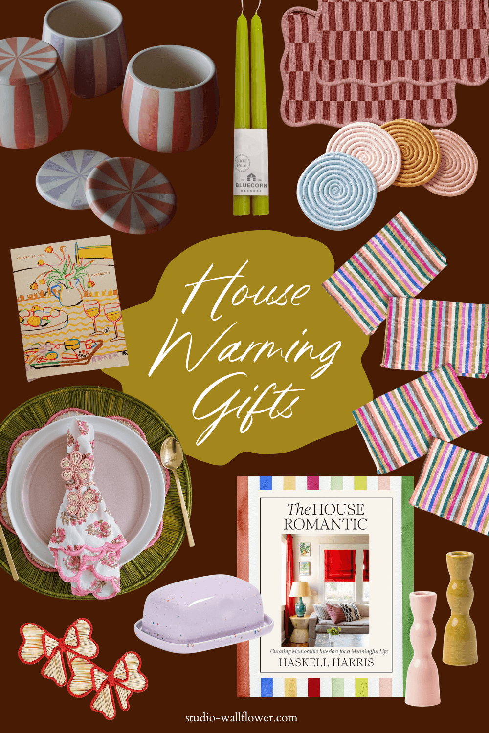 Collage featuring image of housewarming gifts with products from Wallflower Shop shop.studio-wallflower.com