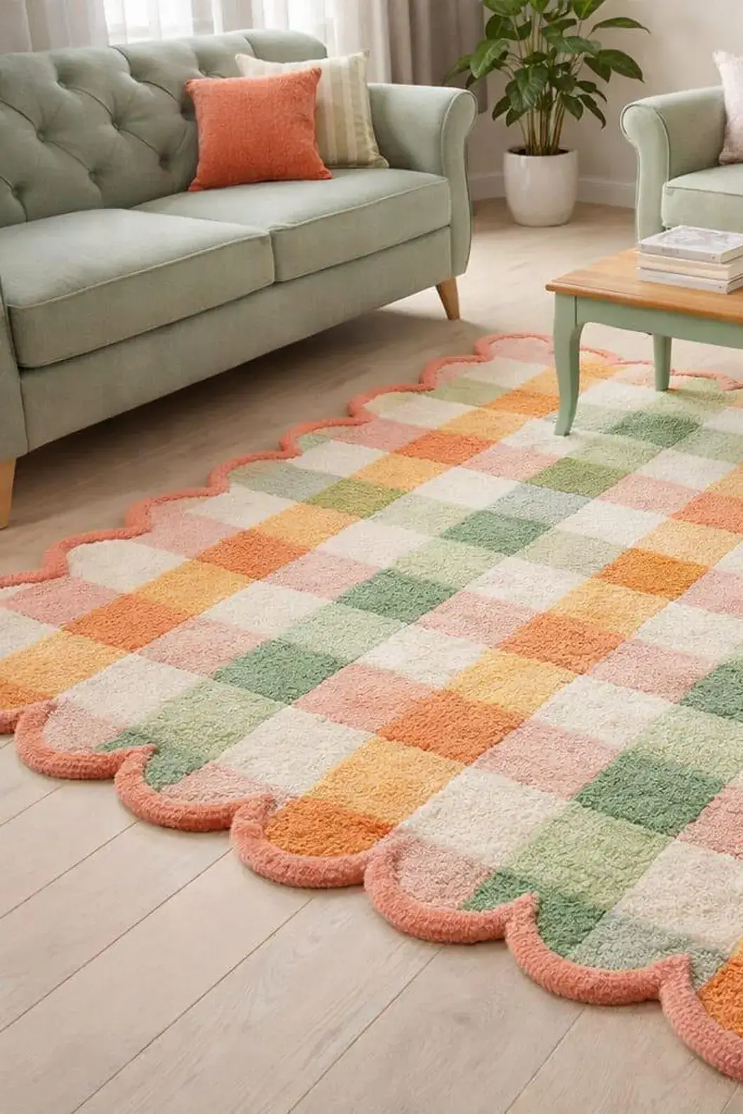pastel checkerboard scalloped rug for nursery
